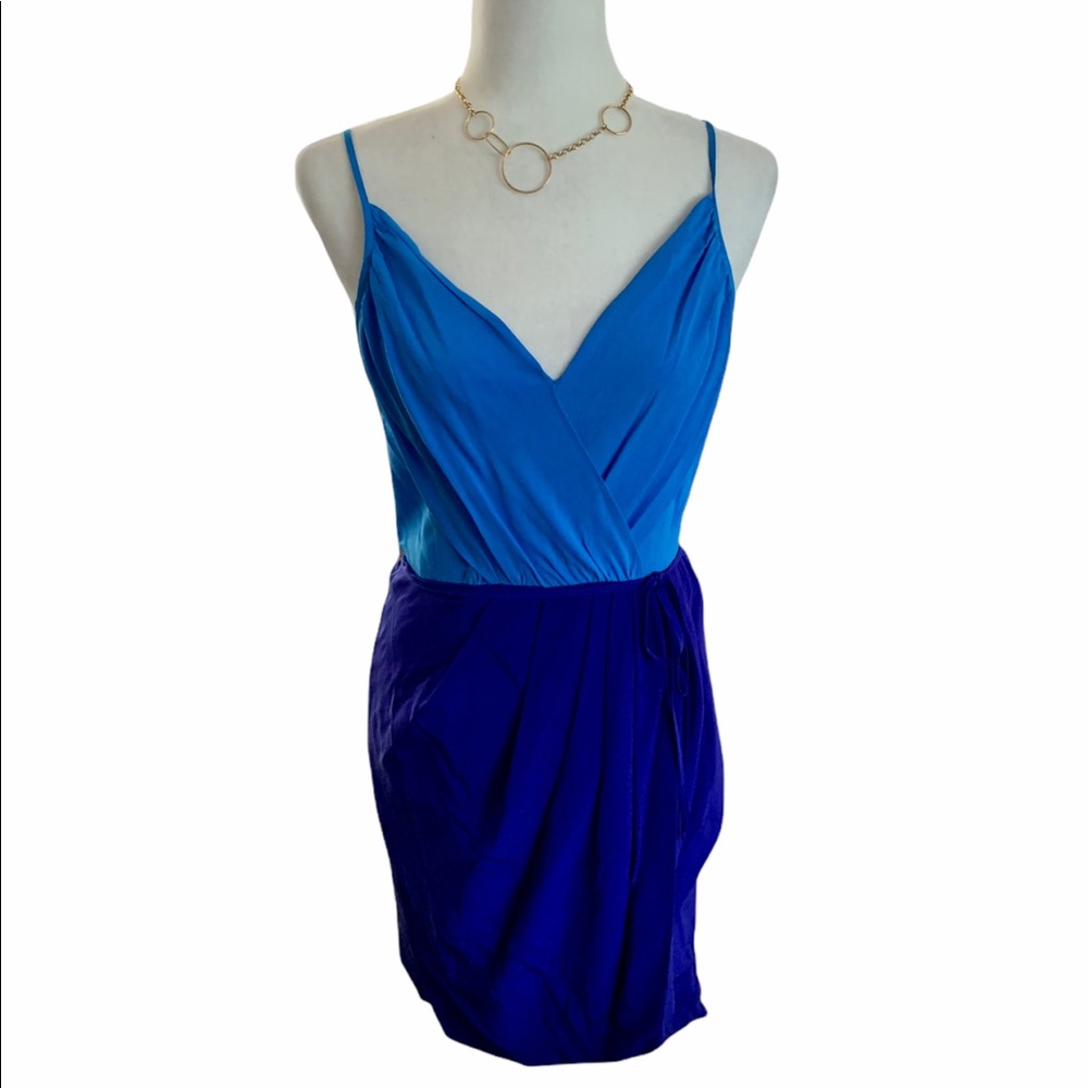 Yumi Kim Jayne tulip blue color block v-neck silk dress. Sz S - Picture 3 of 11